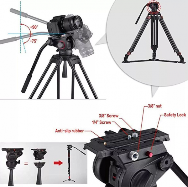 Miliboo MTT609A Hidrolik Kafalı Profesyonel Alüminyum Tripod - Görsel 5