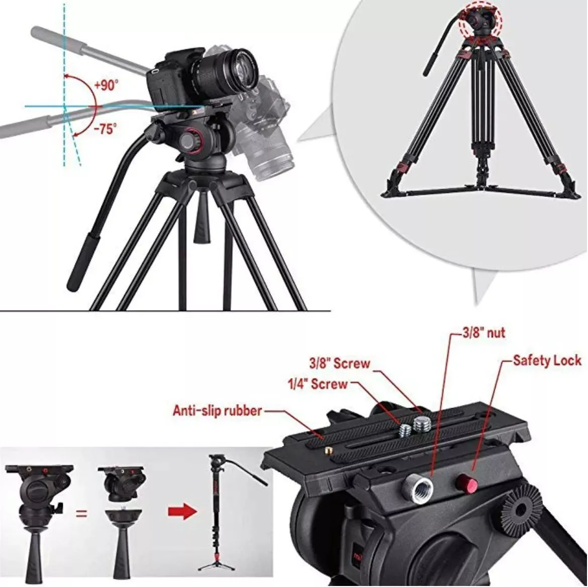 Miliboo MTT609A Hidrolik Kafalı Profesyonel Alüminyum Tripod - Görsel 5